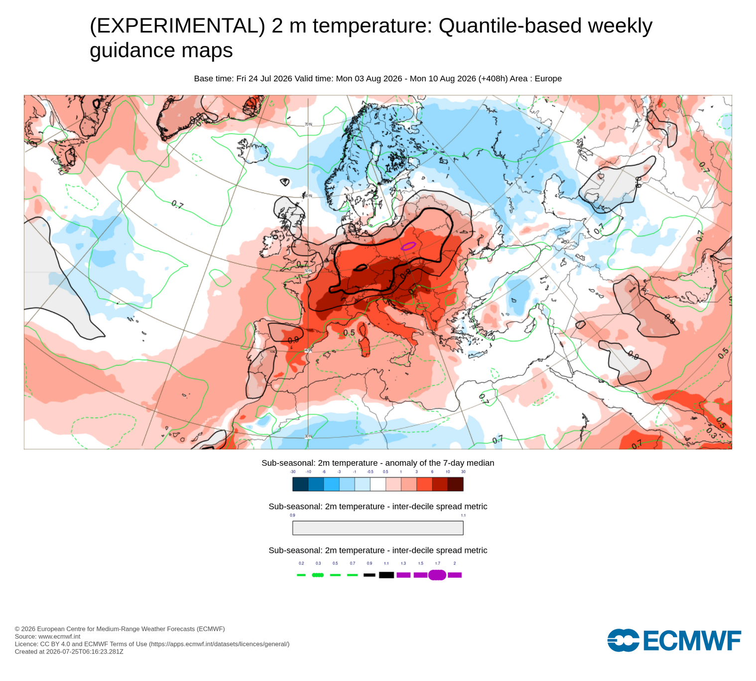 Weekly anomaly of the 2 metre temperature in Europe for 3-10 August, forecasted by ECMWF.